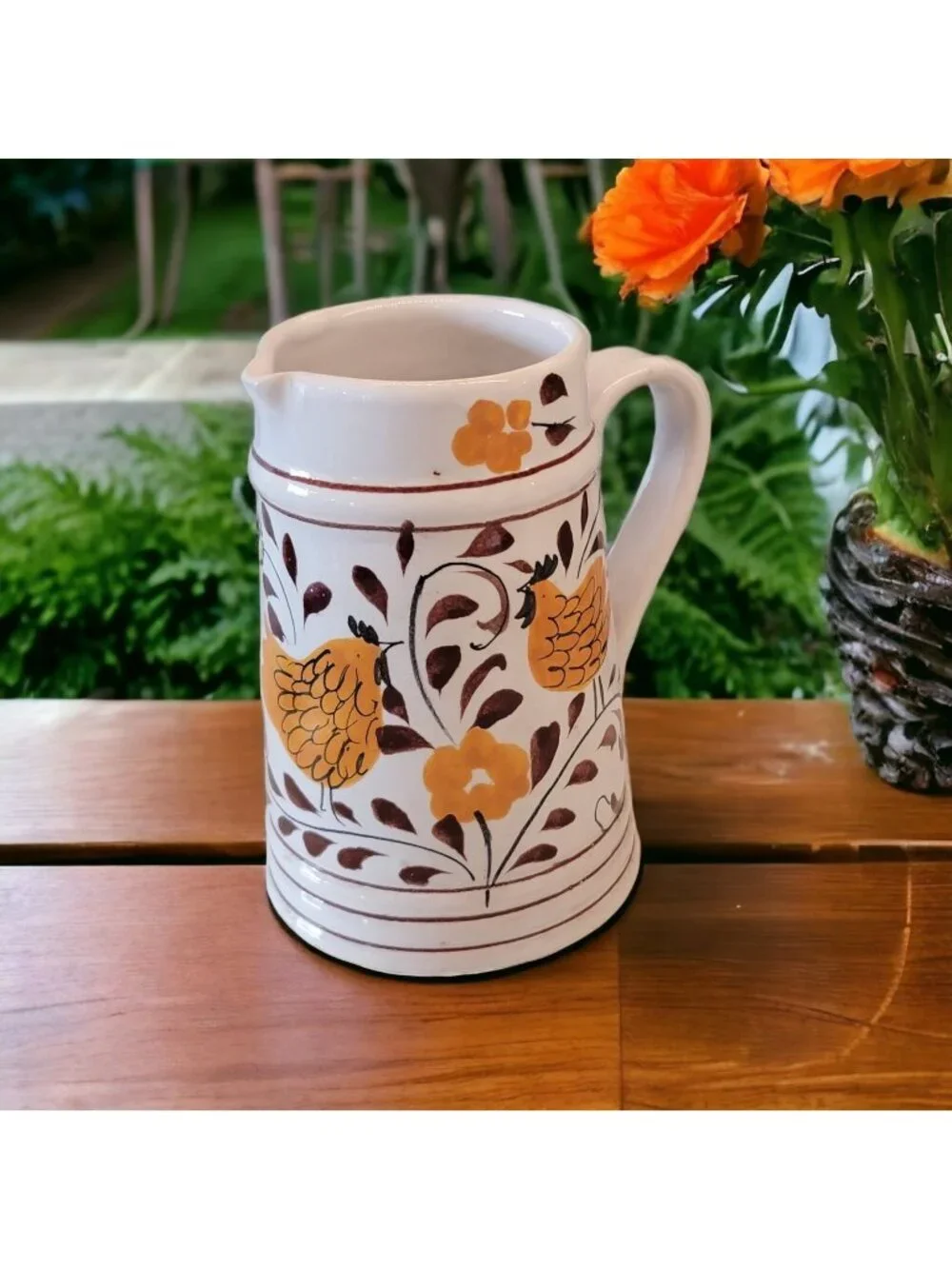 Vintage Chicken Creamer Farmhouse Cottage Core Orange Yellow Portugal Signed
